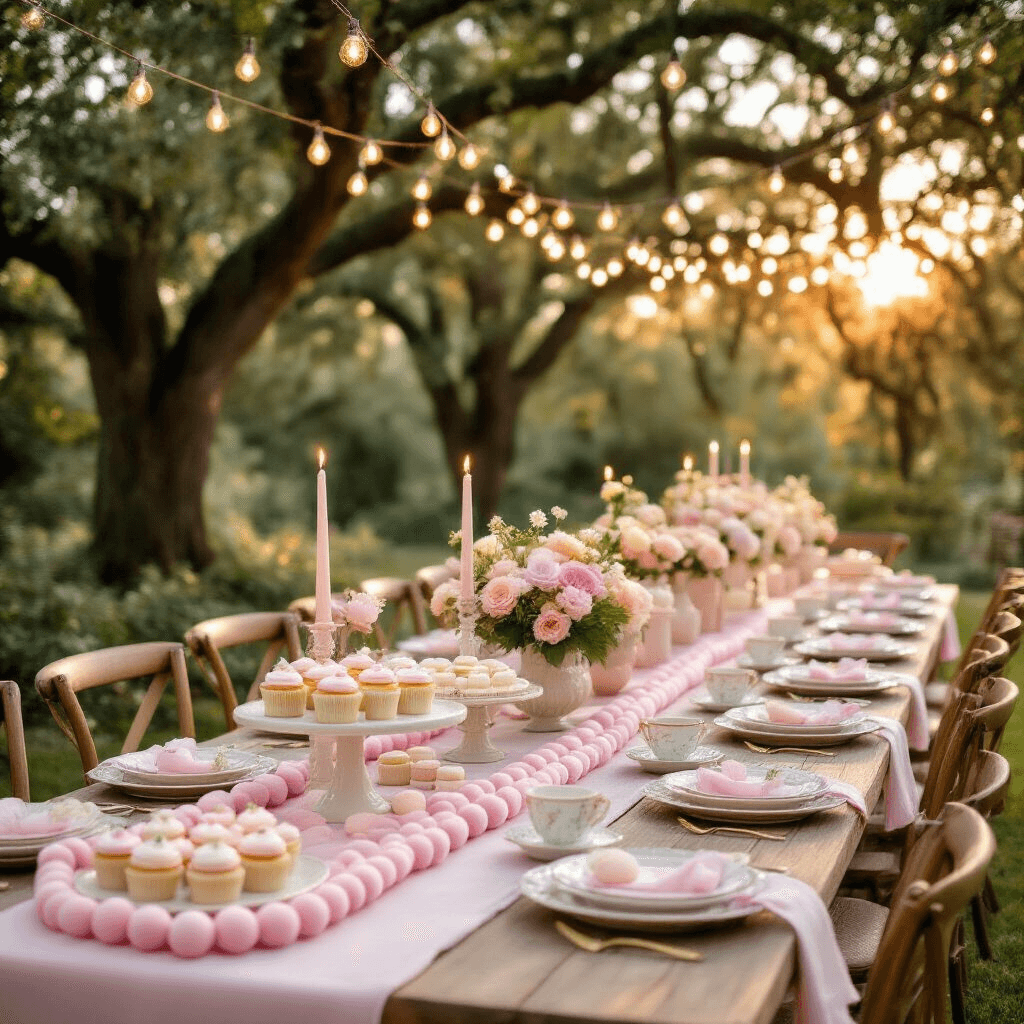 A whimsical garden party at golden hour with a long farmhouse table dressed in pastel felt ball garland, soft pink and cream linens, vintage china, milk glass floral centerpieces, fairy lights strung overhead, and a dessert cart filled with pastel-frosted treats.