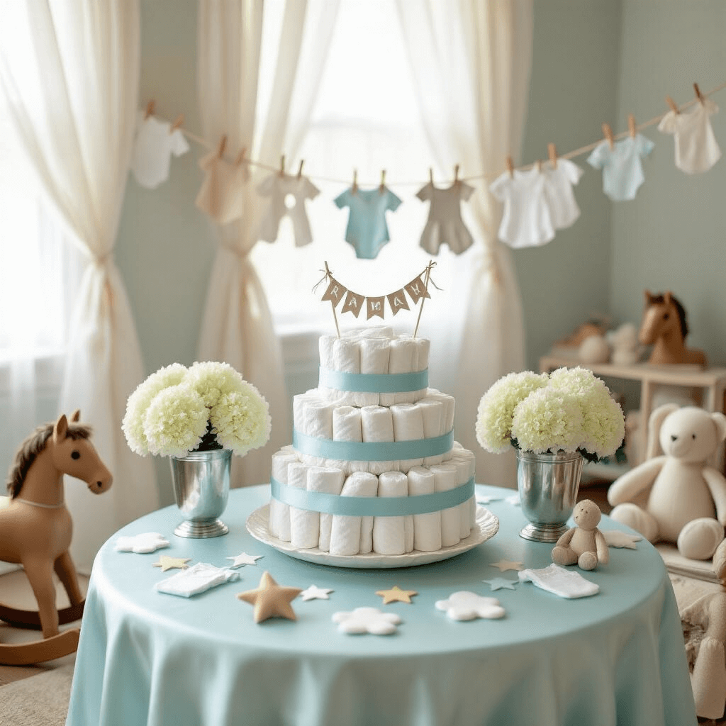 An intimate baby shower scene featuring a round table with a pale blue silk tablecloth, a tiered diaper cake with a felt name banner, white hydrangeas in silver mint julep cups, and decorative felt cloud and star shapes. Vintage rocking horses and stuffed animals add charm, while a clothesline of tiny felt onesies decorates the back wall, all illuminated by soft morning light.