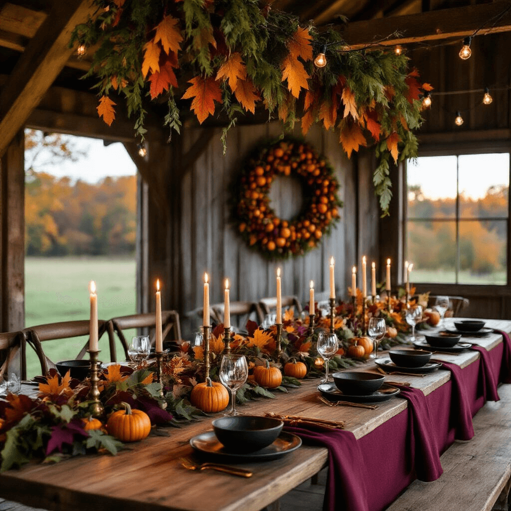 A cozy autumnal dinner party in a rustic barn at twilight, featuring long wooden tables with burgundy linens, a felt leaf garland, brass candlesticks with flickering candles, matte black stoneware, copper flatware, string lights, cascading greenery, and an oversized felt wreath with mini pumpkins and woodland creatures.