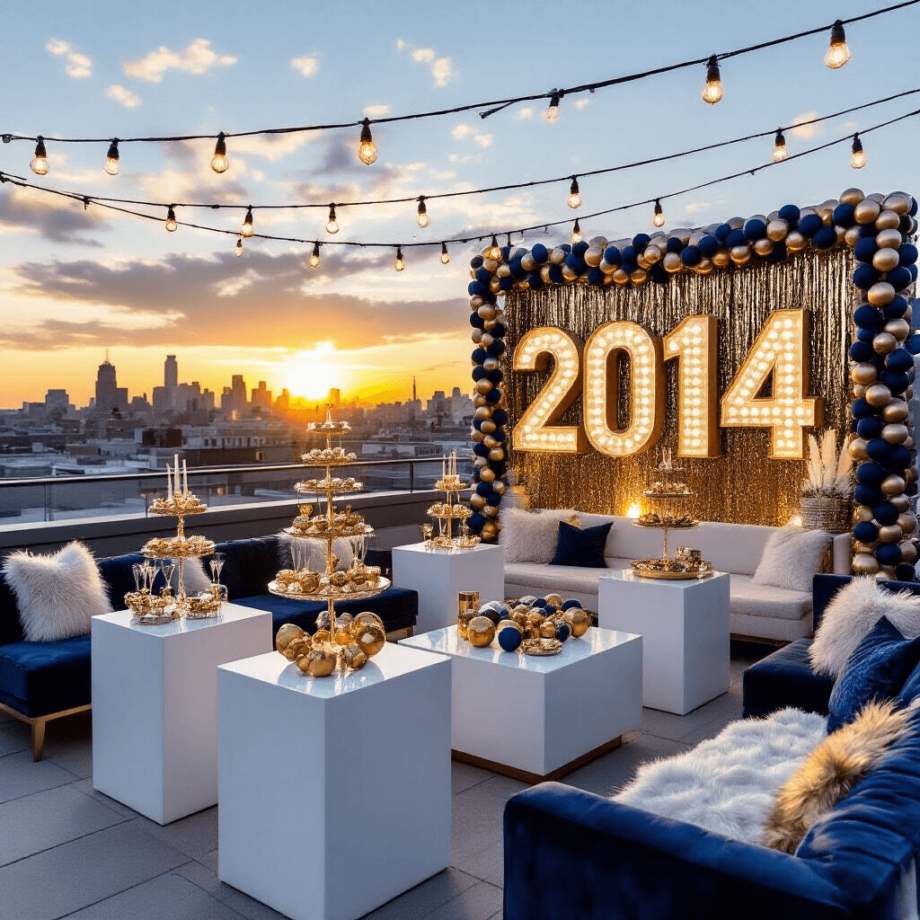 A modern rooftop New Year's Eve celebration at sunset, featuring sleek white high-top tables with geometric gold centerpieces, a champagne tower, lounge areas with low velvet sofas, and string lights overhead, all set against a cityscape backdrop.