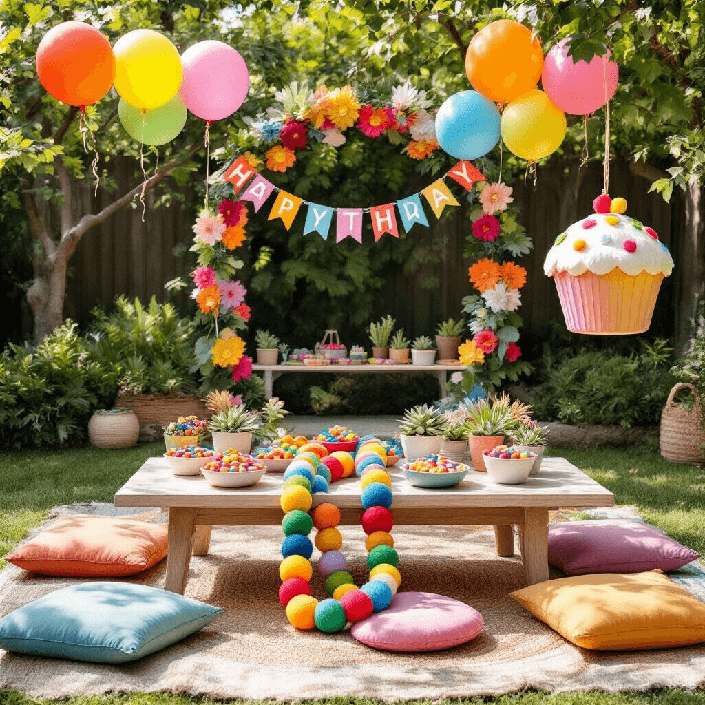 A whimsical children's birthday party in a sunlit backyard featuring a low table with colorful cushions, a rainbow felt ball garland, bowls of candies, and potted succulents. Helium balloons with felt flags spell 'HAPPY BIRTHDAY' above. A DIY photo booth with an arch of felt flowers and a felt cupcake pinata hanging from a tree branch complete the scene.