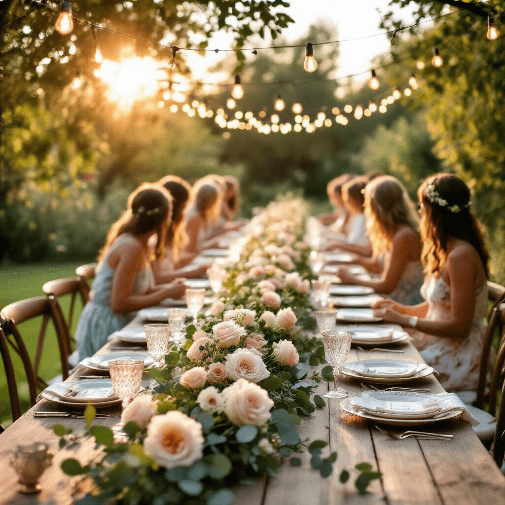 A picturesque garden party during golden hour featuring a long wooden table adorned with a DIY flower garland of blush and cream roses and silvery eucalyptus, vintage crystal goblets, and mismatched china plates, with bistro lights overhead and guests in summer attire chatting in the soft-focus foreground.