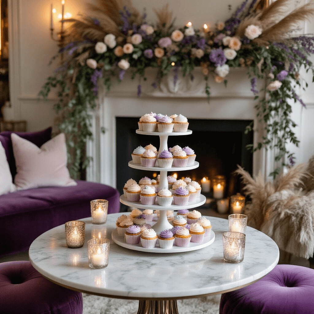 A cozy living room adorned for a milestone birthday celebration, featuring a round marble coffee table with a whimsical tiered cake stand of pastel-frosted cupcakes, surrounded by plush velvet floor cushions in jewel tones. A handcrafted flower garland of dried lavender, pampas grass, and paper flowers decorates the mantle, while soft candlelight from mercury glass votives creates a warm glow.
