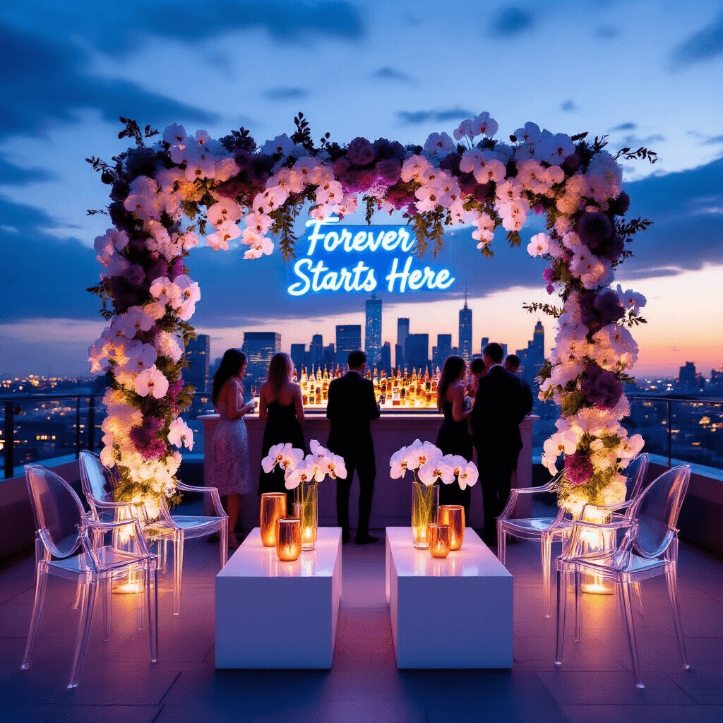 A chic rooftop engagement party at twilight features modern lucite ghost chairs around sleek white cocktail tables with minimalist orchid centerpieces. A dramatic DIY flower garland in white to deep purple frames the bar, while copper Moscow mule mugs reflect uplighting. A neon sign stating 'Forever Starts Here' casts a blue glow over elegantly dressed guests mingling against the city skyline.