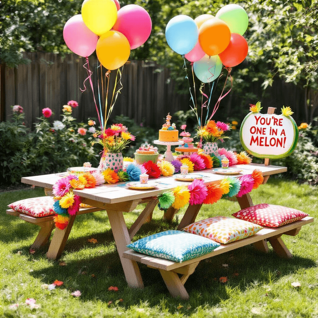A vibrant children's birthday celebration in a sunlit backyard featuring a low picnic table adorned with colorful cushions and a DIY flower garland. Oversized paper flowers fill the meadow, while helium balloons float above, entangled with crepe paper streams. A whimsical sign reads 'You're One in a Melon!' near a playful watermelon-shaped piñata.