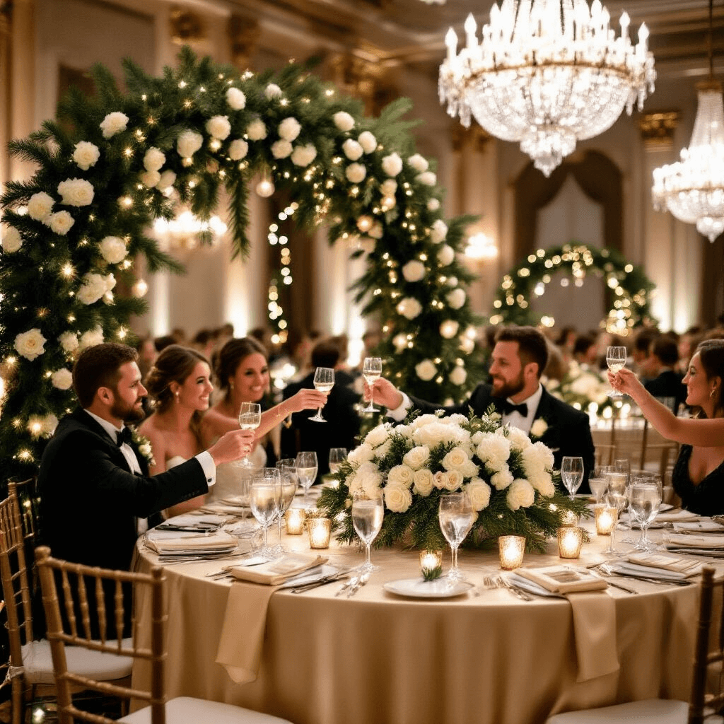 An elegant winter wedding reception in a historic ballroom, featuring round tables with champagne silk linens, lush centerpieces of white roses and pine boughs, a DIY flower garland at the sweetheart table, crystal chandeliers, and guests in black tie attire toasting with crystal flutes, all bathed in soft, romantic lighting.