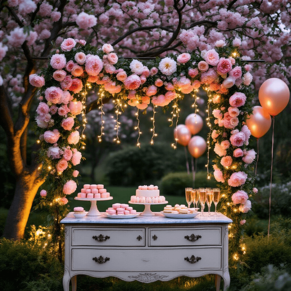 A romantic twilight bridal shower scene featuring cherry trees adorned with a floral garland and fairy lights, a vintage dresser dessert station with macarons and champagne, and softly illuminated rose gold balloons.