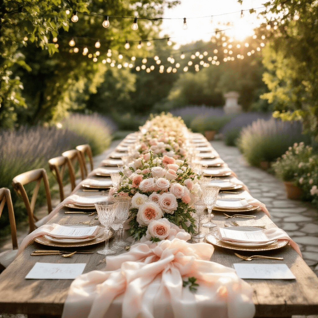 A sunlit garden party featuring a long farmhouse table with a blush pink and cream ribbon garland intertwined with fresh roses and peonies. Vintage crystal glasses and gold-rimmed plates are set with soft linen napkins and hand-lettered place cards. String lights illuminate the scene, with potted lavender plants lining stone pathways.