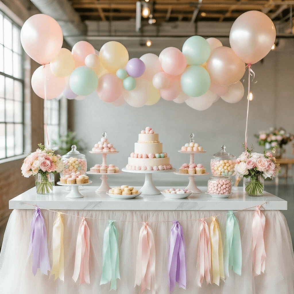 A modern loft baby shower setup featuring a dessert table adorned with pastel rainbow ribbon garlands and soft tulle. A white marble countertop displays a tiered cake stand with macarons and cupcakes, surrounded by colorful candies in glass apothecary jars. Pearlescent helium balloons float above, creating a vibrant and symmetrical vignette.