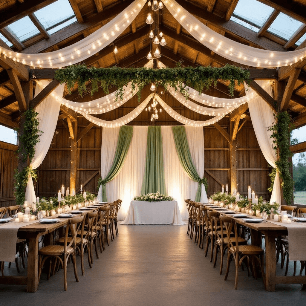 A twilight rustic-chic barn wedding reception featuring exposed wooden beams adorned with ivory and sage green ribbons and twinkling fairy lights, long banquet tables with burlap runners, fresh eucalyptus, white pillar candles, wooden cross-back chairs, and a dramatic ombré ribbon backdrop framing the sweetheart table, captured from an elevated wide-angle perspective.