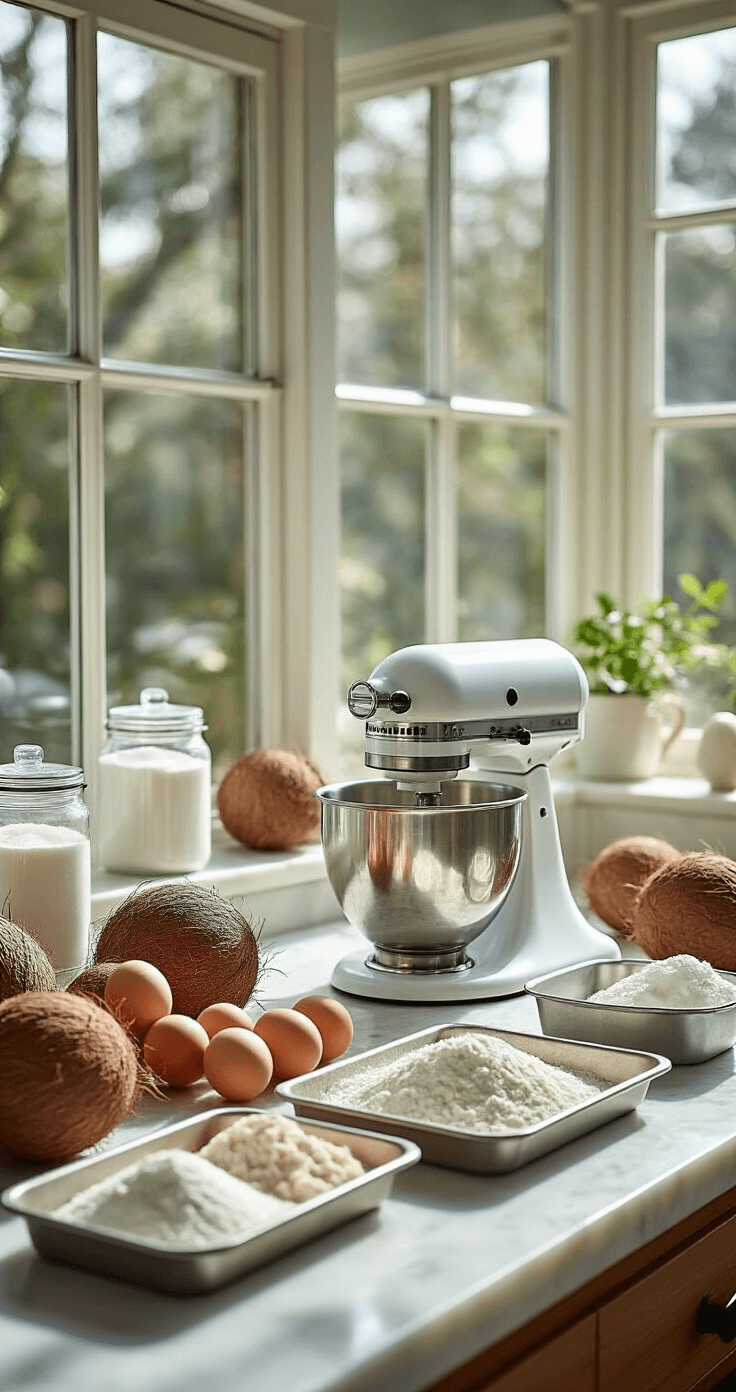 The Ultimate Coconut Wedding Cake: A Tropical Celebration of Flavor and Elegance Professional kitchen setup with natural light, featuring a marble countertop with neatly arranged ingredients for coconut cake preparation, including sugar, eggs, flour, and coconuts, along with a stand mixer and lined cake pans.