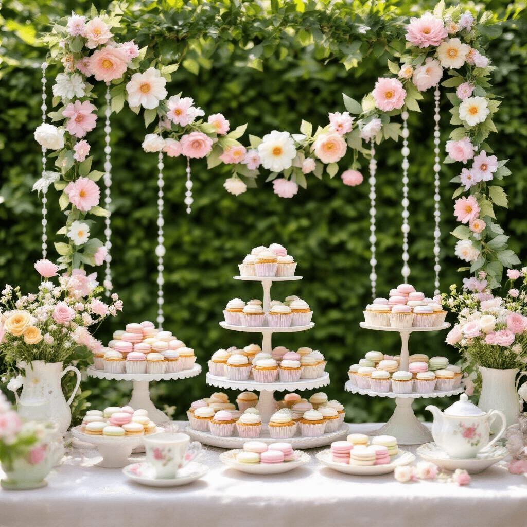Crochet Garland Magic: Your Ultimate Guide to Stunning Event Styling and Content Creation A whimsical garden baby shower dessert station adorned with a crochet garland of pastel flowers, showcasing tiered cupcakes and macarons, vintage teacups with tiny bouquets, and glowing soft morning light.