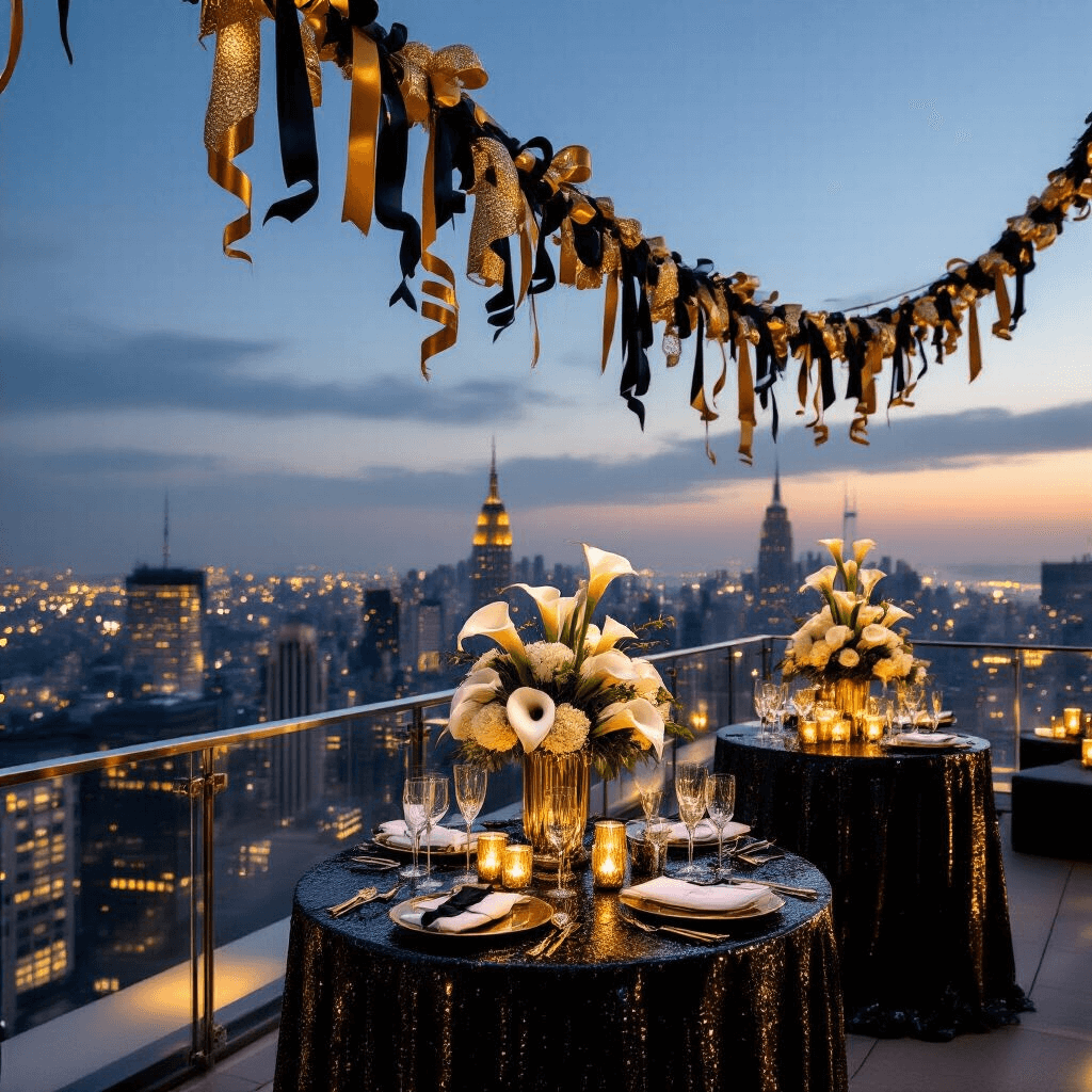 An opulent rooftop New Year's Eve cocktail party at dusk, featuring gold and black decor, shimmering ribbon garlands, high cocktail tables with black sequined linens, elegant floral arrangements, and a champagne tower, all framed by a stunning city skyline.