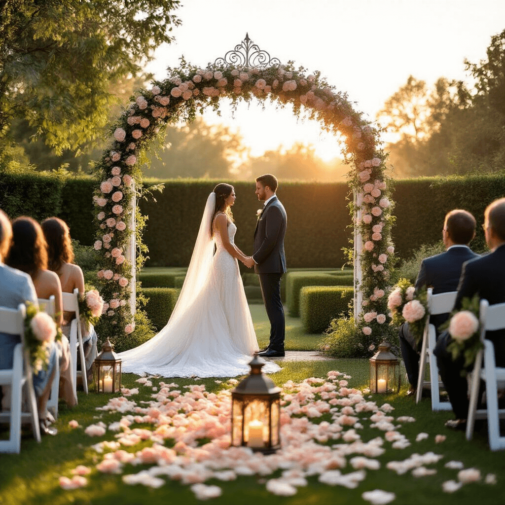 A breathtaking outdoor garden wedding ceremony at golden hour, featuring a white iron arch adorned with lush rose garlands, rows of white chairs lined with blush and ivory flowers, an antique bronze lantern with rose petals in the foreground, and a pastel sky backdrop.