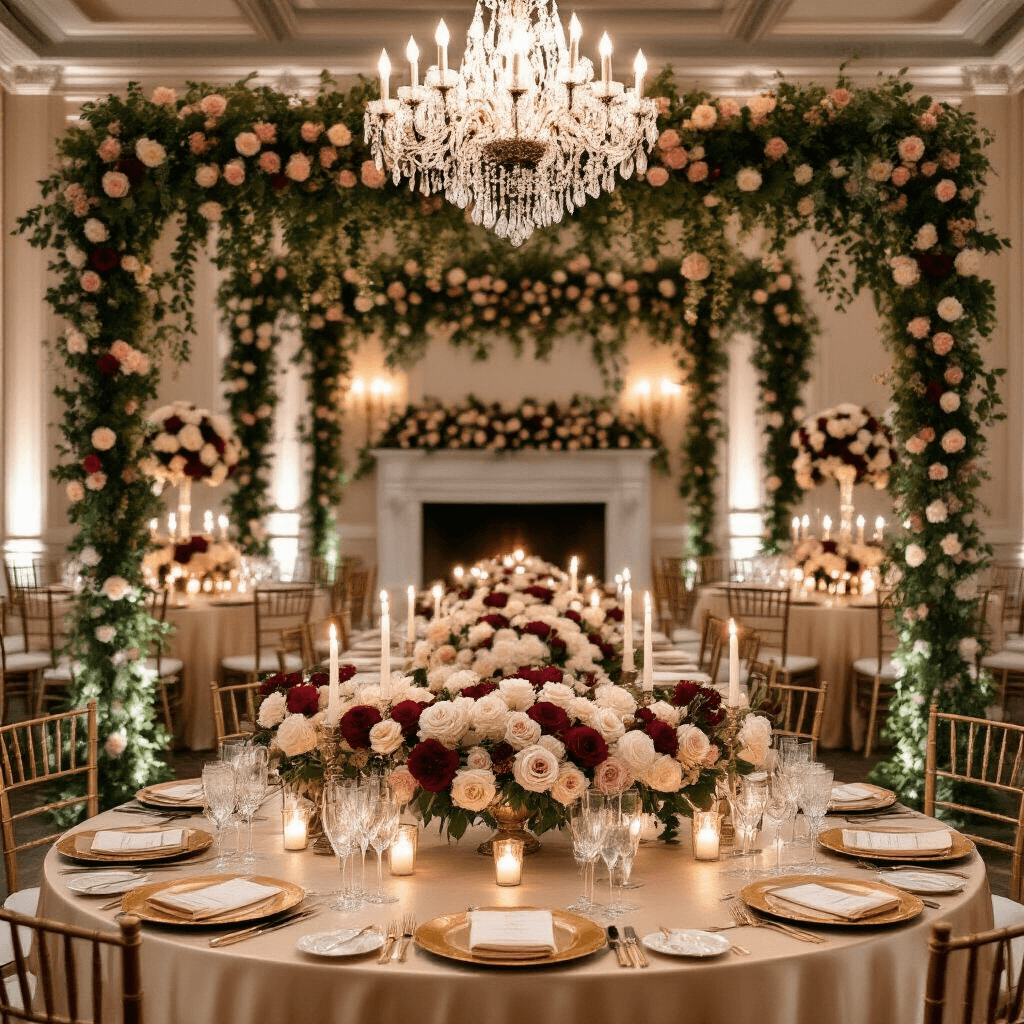 Elegant indoor ballroom reception with candlelight, featuring long tables with champagne silk linens, cascading rose garlands, crystal chandeliers, and a grand floral installation by a white marble fireplace, captured from an elevated angle.