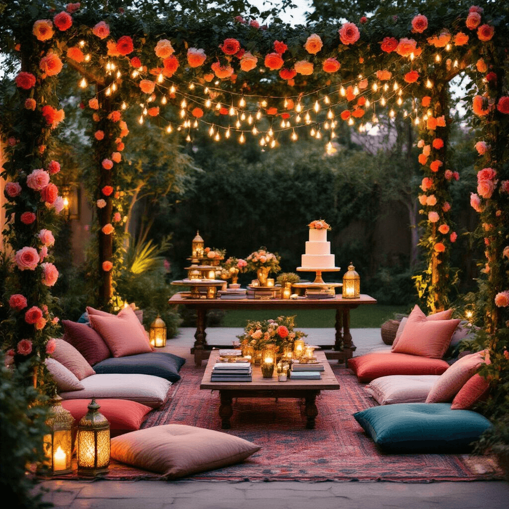 Whimsical backyard micro-wedding at twilight featuring a cozy lounge area with low tables and plush floor cushions in jewel tones, crisscrossing fairy lights with rose garlands overhead, and Moroccan lanterns illuminating eclectic decor, including vintage books and a dessert cart with a tiered naked cake.