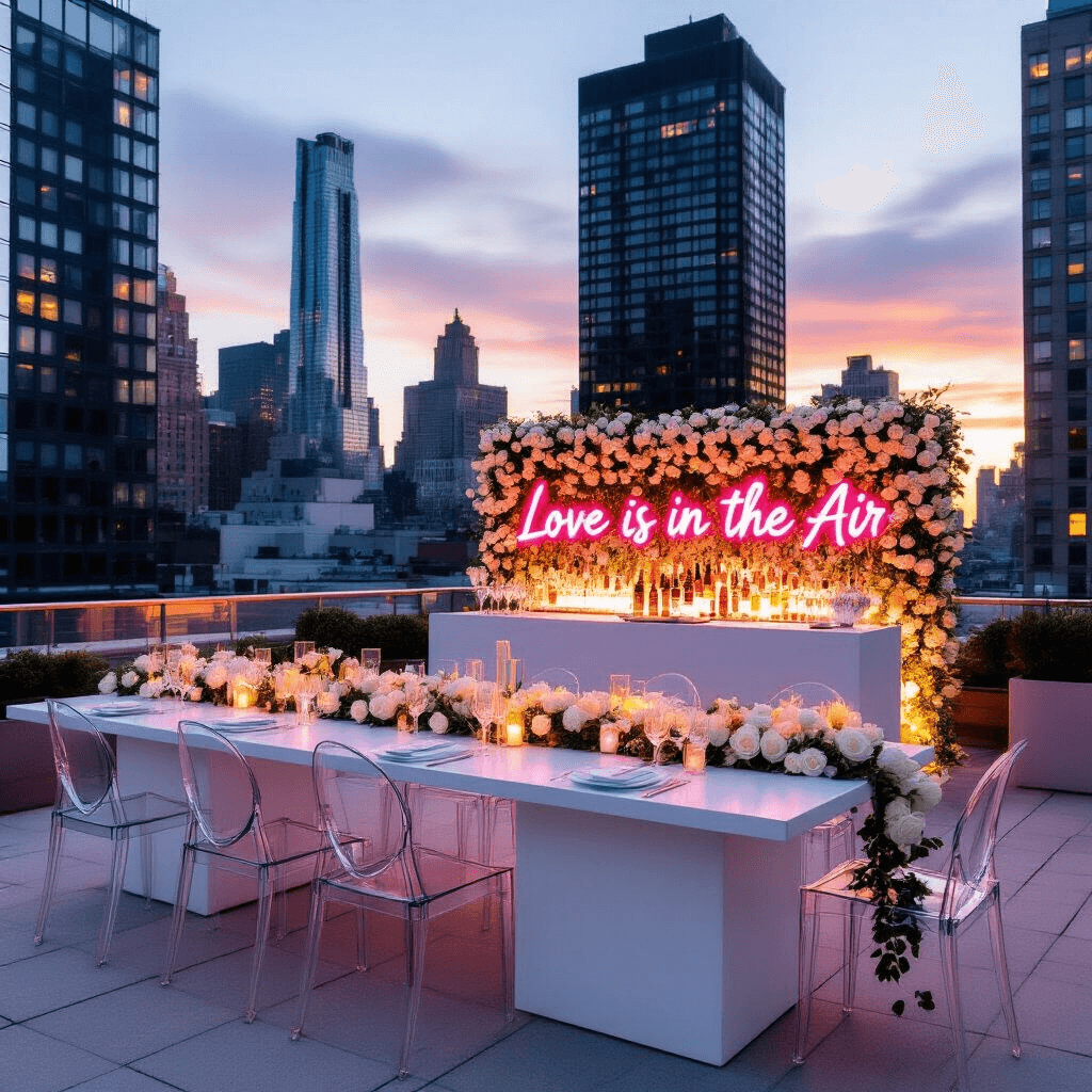 A modern rooftop celebration at sunset featuring sleek white high-top tables with minimalist rose garlands, ghost chairs, and contemporary lucite decor. A statement bar with cascading white roses against a metal grid stands out against the backdrop of city skyscrapers reflecting the sunset hues, with neon signage reading 'Love is in the Air' adding a soft pink glow.