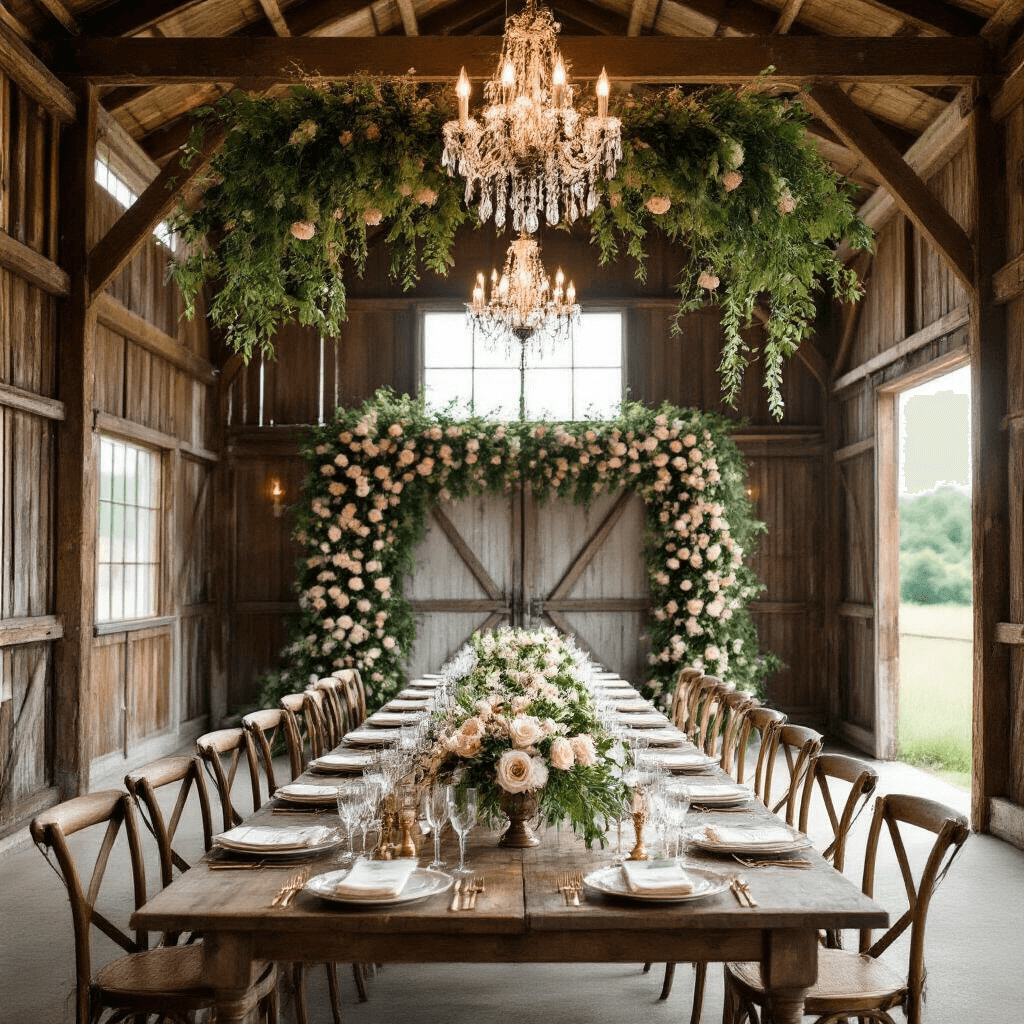 A rustic-luxe barn wedding reception featuring exposed wooden beams draped with greenery and blush rose garlands, long farm tables with vintage china and crystal stemware, ornate crystal chandeliers, and a floral photo booth backdrop of ombré roses. Natural light streams through windows, accentuating the decor's flowing lines against the barn's geometric structure.