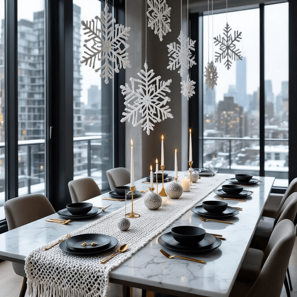Crochet Garland Magic: Your Ultimate Guide to Stunning Event Styling and Content Creation Modern minimalist holiday gathering in a sleek city loft, featuring a long marble dining table with a white and metallic silver crochet table runner, geometric crochet snowflakes hanging above, matte black plates, gold cutlery, and flickering candlelight against snowy city views through floor-to-ceiling windows.