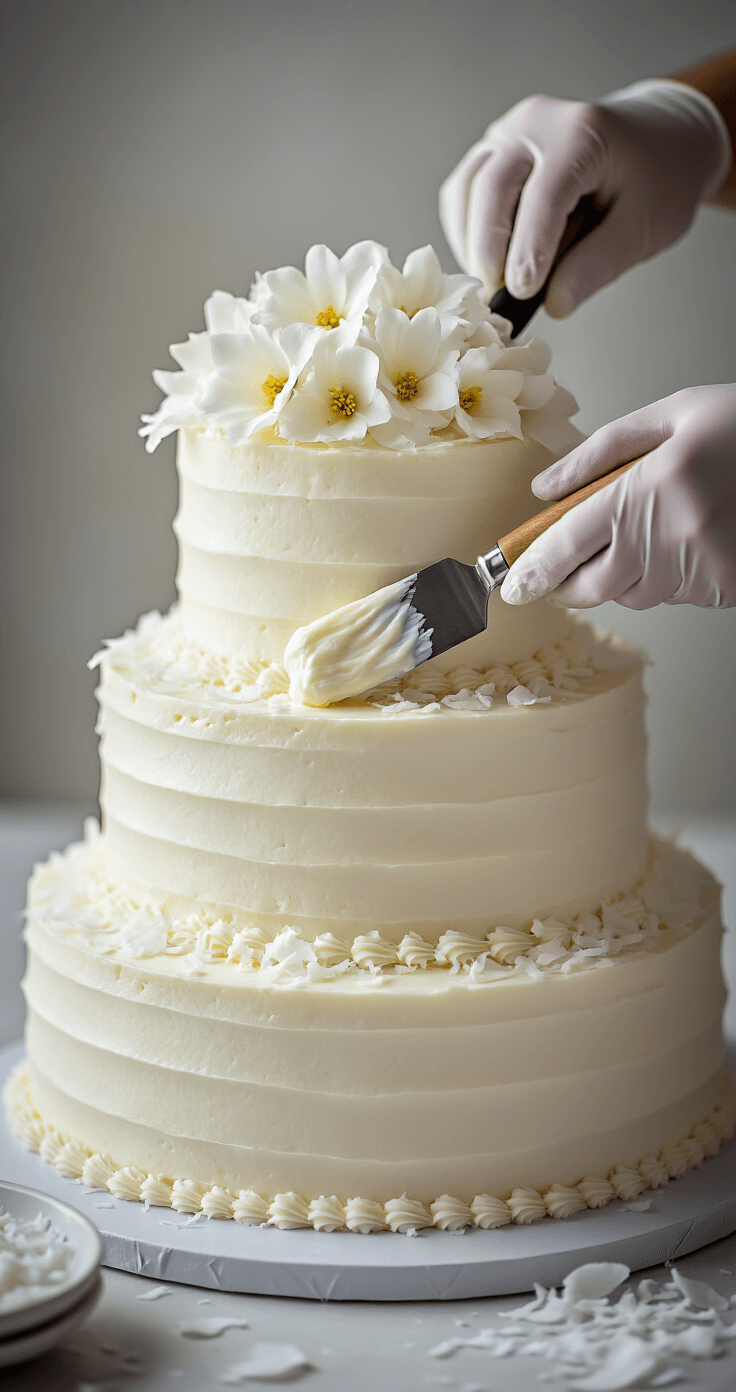 The Ultimate Coconut Wedding Cake: A Tropical Celebration of Flavor and Elegance Three-tiered coconut wedding cake being skillfully assembled by a pastry chef, with cream cheese frosting, fresh coconut shavings, and delicate coconut flowers in soft, diffused lighting.