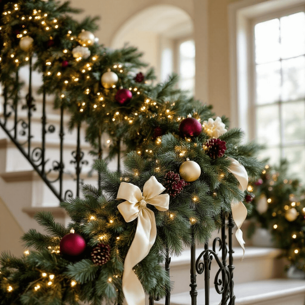 A grand staircase decorated with a lush Christmas garland featuring faux pine, eucalyptus, and warm white fairy lights, adorned with gold and burgundy ornaments and cascading cream velvet ribbon, under soft afternoon light.