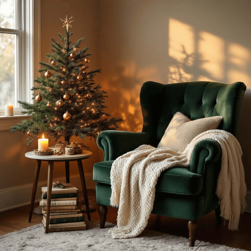 A cozy holiday reading nook in a living room corner, featuring a deep green velvet armchair, a miniature Christmas tree with copper ornaments, a chunky cream knit blanket, vintage Christmas books, and a flickering candle, all bathed in golden hour light.