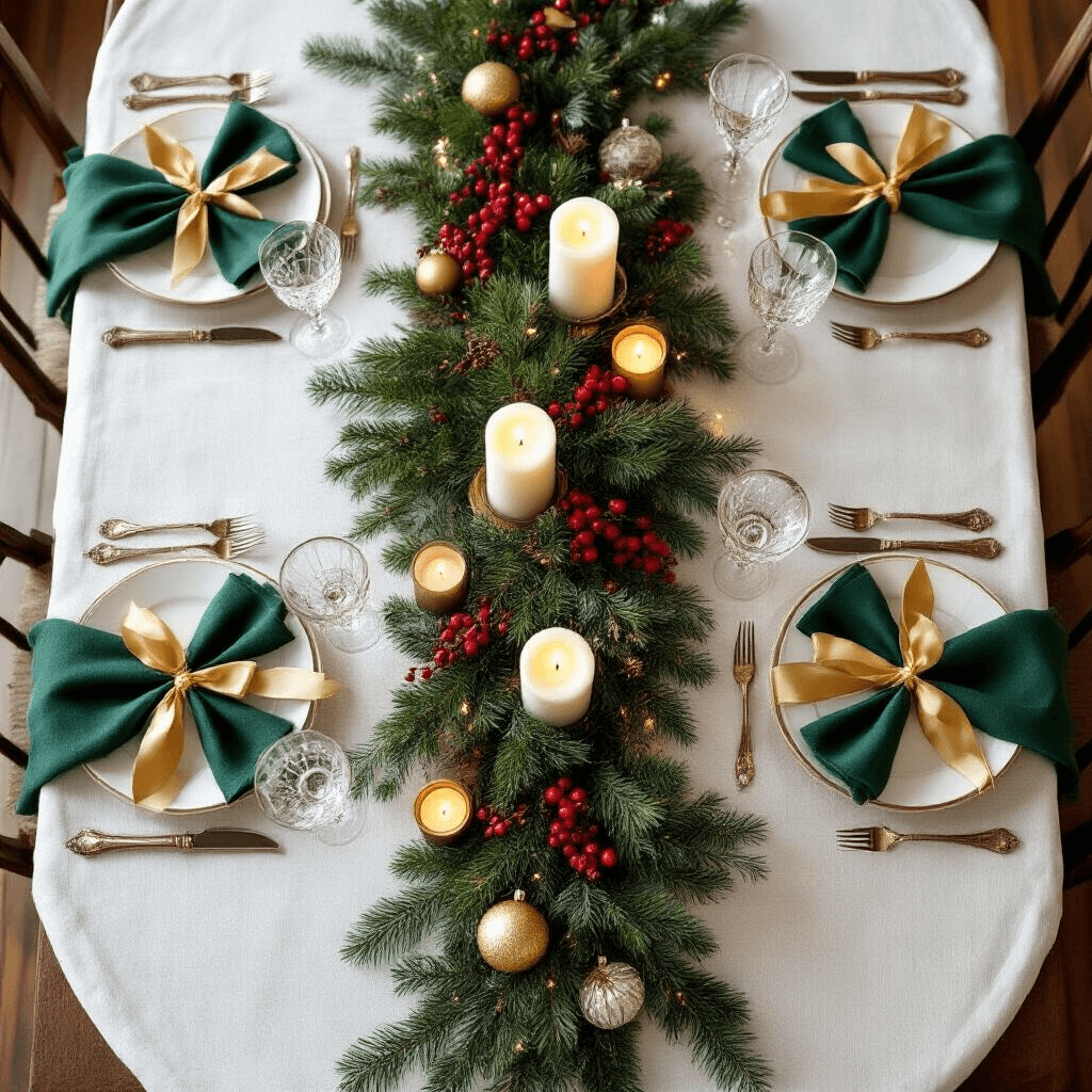 A beautifully set Christmas Eve dinner table with a white linen tablecloth, deep green napkins tied with gold ribbon, and elegant place settings, illuminated by soft candlelight and adorned with fresh pine boughs, red berries, and white pillar candles.