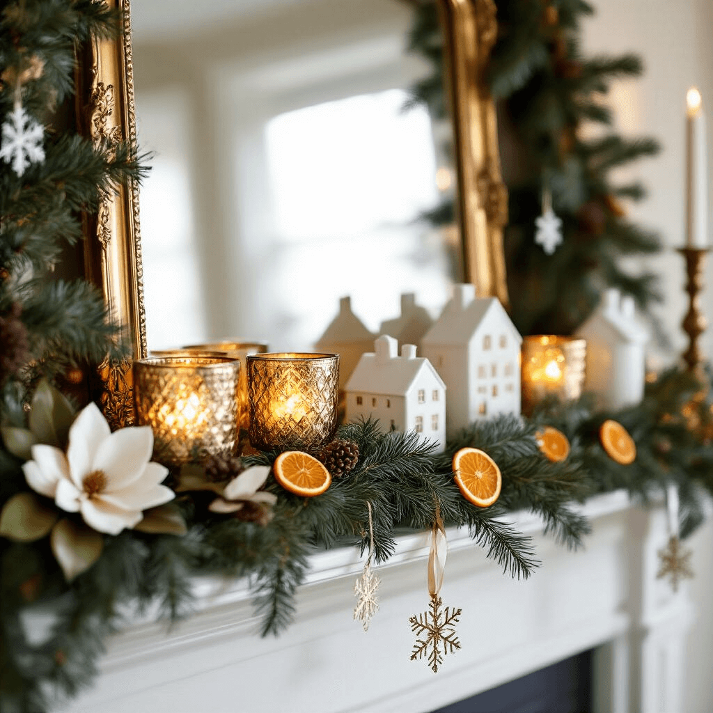 A close-up of a holiday mantelpiece featuring an oversized gold mirror surrounded by a fresh pine and magnolia garland with dried orange slices, mercury glass votives, vintage brass candlesticks, white ceramic houses, and delicate glass snowflakes suspended on satin ribbons, all depicted in soft focus for a dreamy atmosphere.