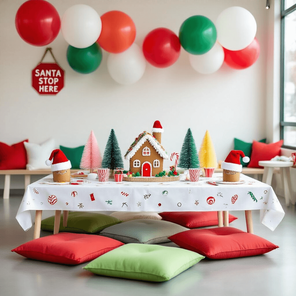 A whimsical children's Christmas party setup featuring a low table surrounded by colorful floor cushions, a hand-drawn festive tablecloth, a gingerbread house centerpiece, personalized Santa hats, candy canes, Christmas crackers, oversized balloons, and a 'Santa Stop Here' sign.