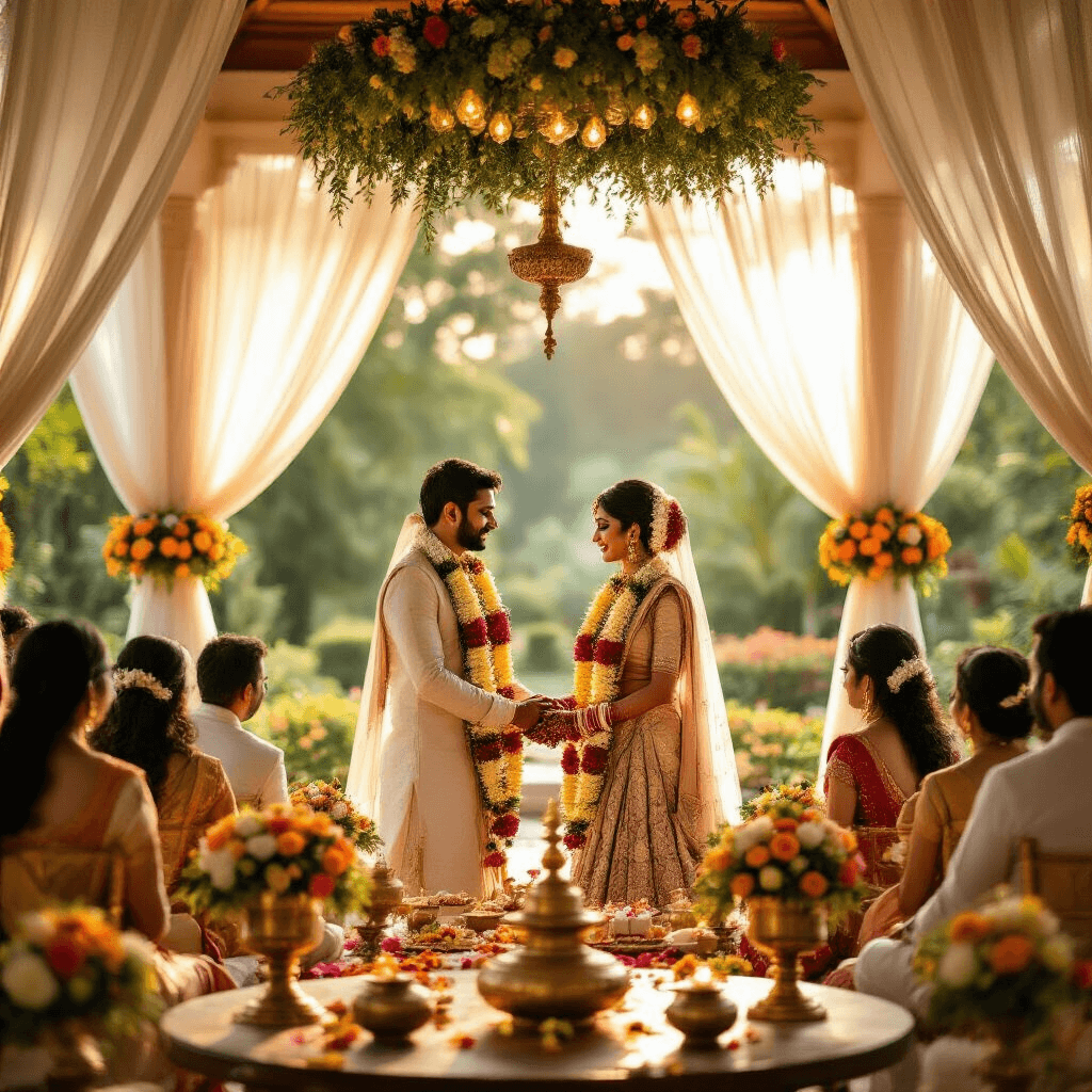 A couple exchanging floral garlands during a South Indian wedding in a sunlit garden pavilion, surrounded by guests and vibrant floral arrangements, with soft golden light illuminating the scene.