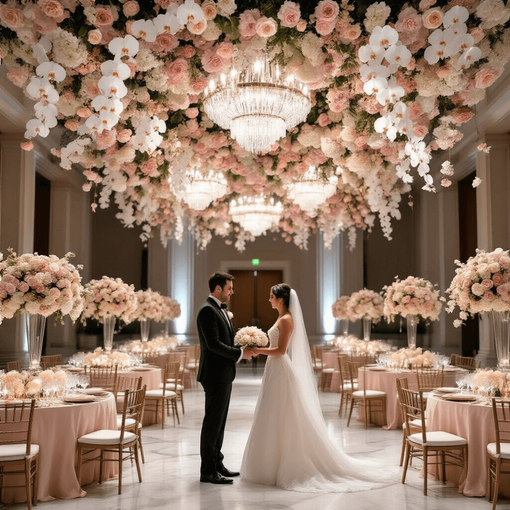 A couple exchanges minimalist garlands of white orchids and silver thread beneath a stunning suspended floral canopy of pastel roses and orchids in a grand ballroom, with crystal chandeliers illuminating marble-topped tables adorned in blush linens and gold accents.