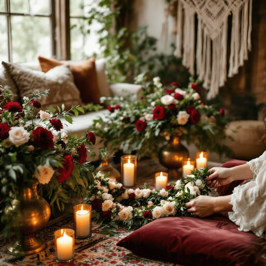 A close-up of a cozy living room adorned for an intimate garland ceremony, featuring a couple's hands exchanging handcrafted garlands of fresh and dried flowers, surrounded by warm candlelight, lush greenery, crimson roses, plush velvet cushions, vintage brass candle holders, and a macramé backdrop.