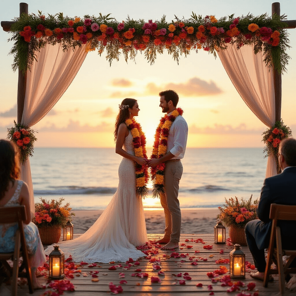 A couple exchanges vibrant tropical flower garlands on a wooden platform at the beach during golden hour, surrounded by lanterns and rose petals, with guests seated on rustic benches and sheer fabric billowing in the sea breeze.