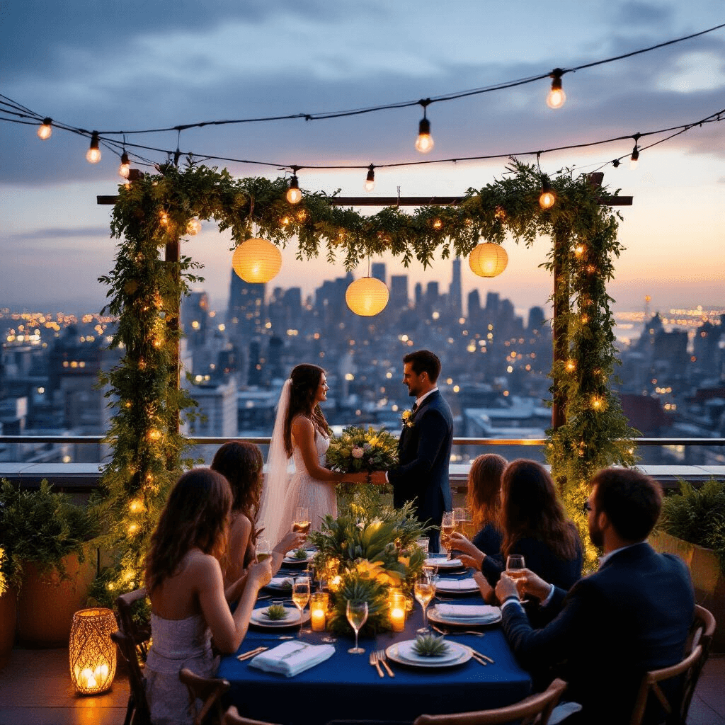 A rooftop terrace at twilight with a fusion garland ceremony, featuring a couple exchanging modern garlands of succulents and fairy lights, surrounded by string lights, paper lanterns, geometric copper stands with greenery, and guests enjoying champagne at indigo-draped tables, with twinkling city lights in the background.