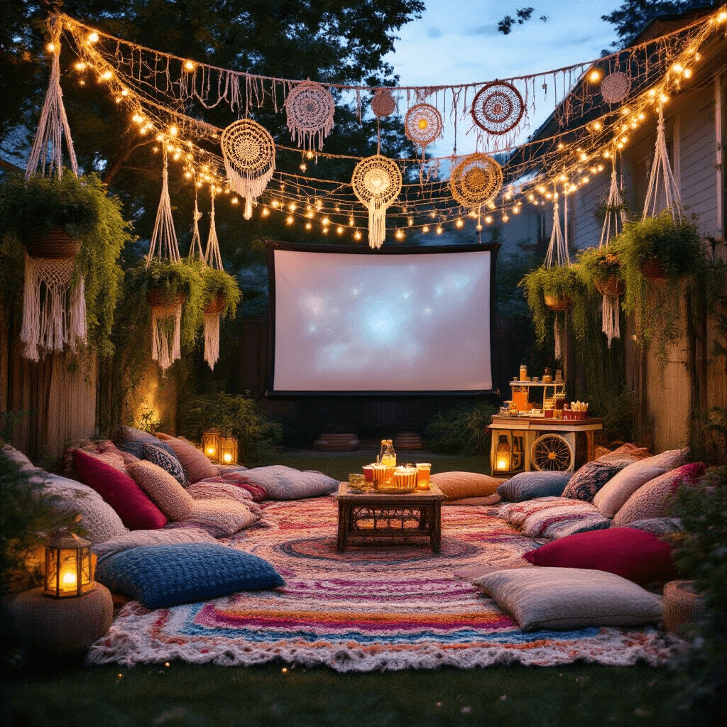 Crochet Garland Magic: Your Ultimate Guide to Stunning Event Styling and Content Creation A cozy boho-chic outdoor movie night setup featuring colorful crochet blankets and oversized pillows, a dreamy canopy of crochet dreamcatchers and string lights, a large projection screen adorned with macramé plant hangers, and a vintage popcorn cart and drink station, all illuminated by soft lantern and fairy light glow as twilight descends.