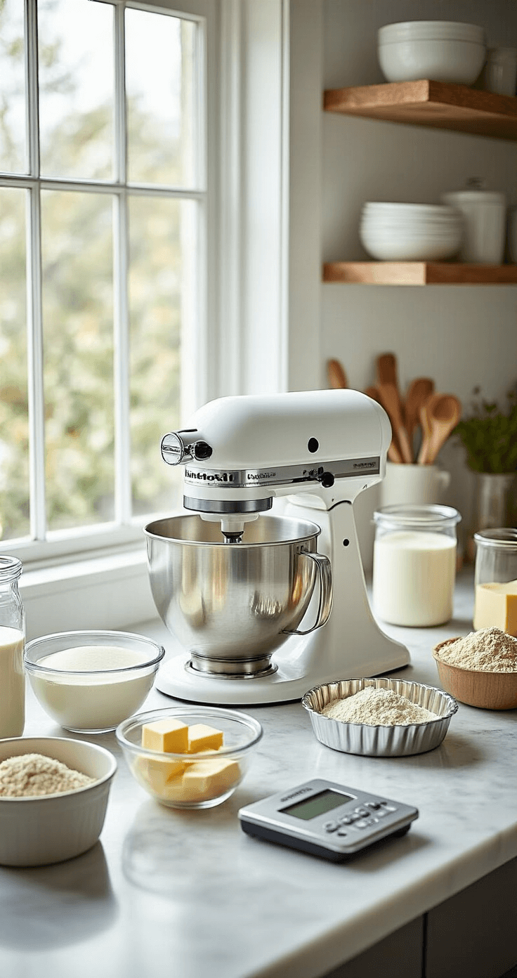 A modern kitchen workspace featuring a KitchenAid stand mixer, glass bowls with measured vegan baking ingredients, and lined cake pans, all illuminated by natural light.