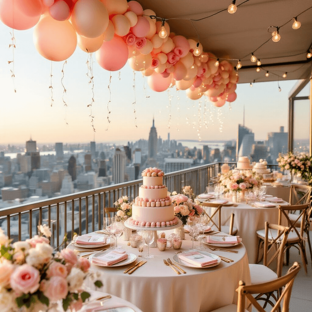 A chic bridal shower setup on a sunlit rooftop terrace, featuring blush pink and cream balloon garland, elegantly set tables with gold cutlery and floral centerpieces, a dessert cart with macarons and a tiered cake, and twinkling fairy lights creating a magical ambiance during golden hour.