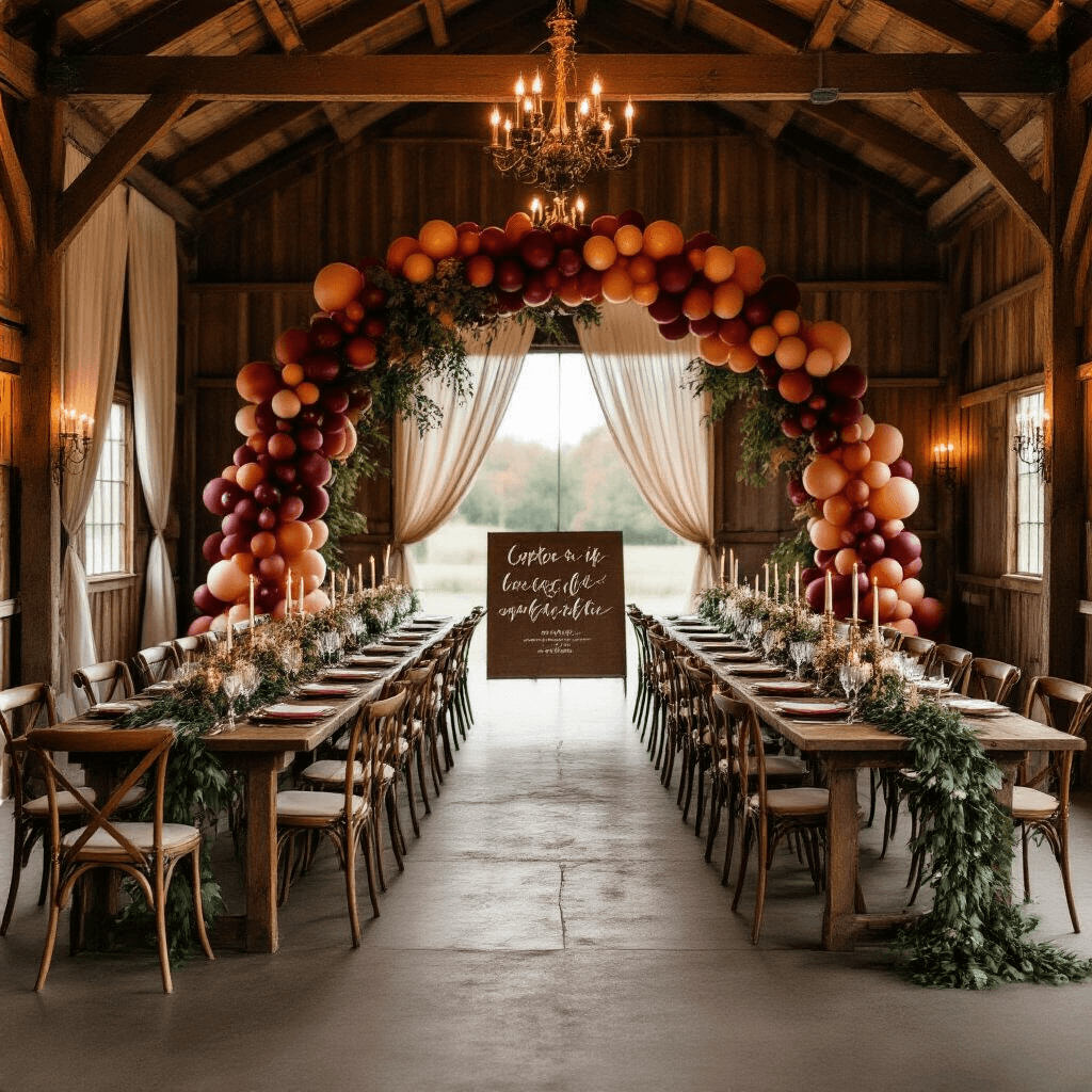 A cozy rustic barn interior for an intimate wedding reception, featuring warm candlelight, a balloon arch in burgundy, terracotta, and sage, long wooden tables with greenery runners, vintage brass candelabras, velvet cushions on cross-back chairs, sheer drapery on exposed beams, and a hand-lettered seating chart on weathered wood, all captured in a cinematic wide shot.