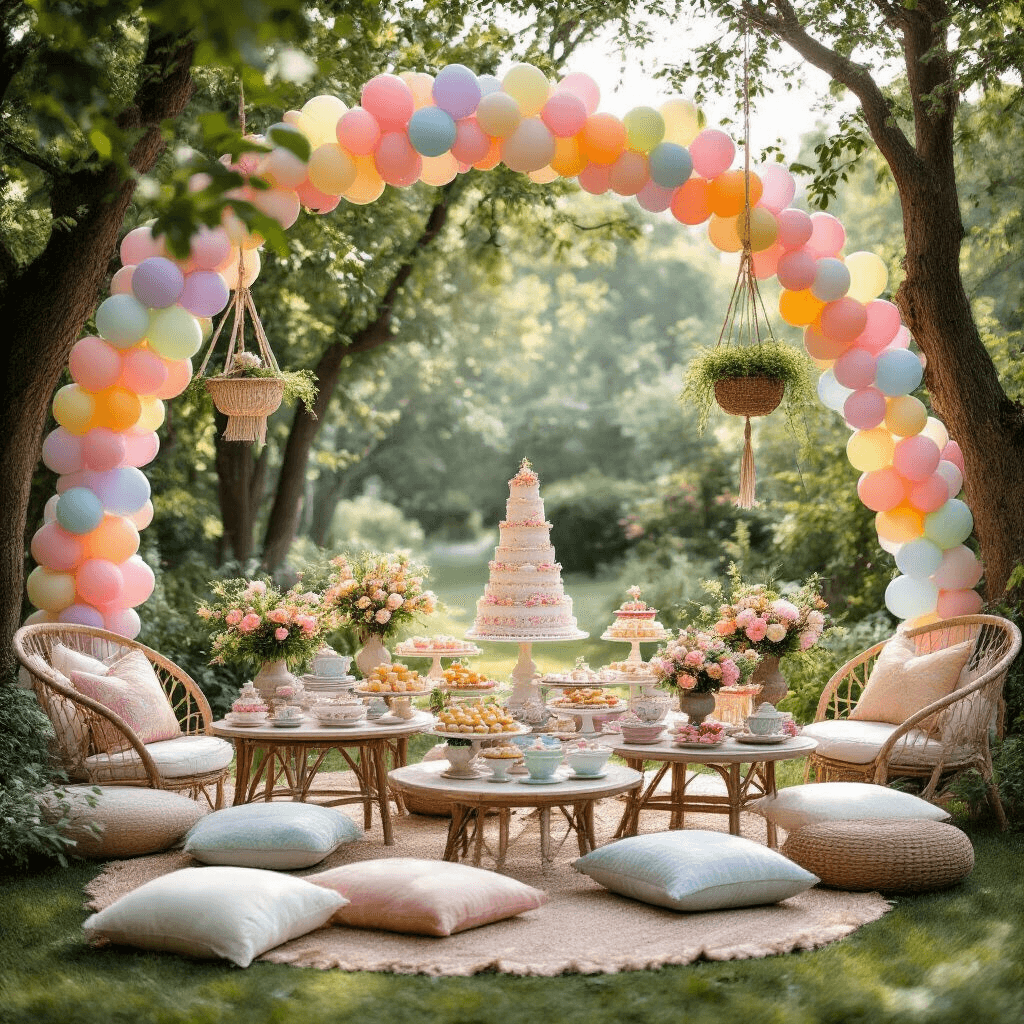 A whimsical garden party setup in soft morning light features a pastel balloon garland among trees, low tables with mismatched china and flower posies, a towering croquembouche, and vintage dessert stands, with hanging rattan chairs and macramé planters, captured from above to showcase the circular layout and diverse textures.