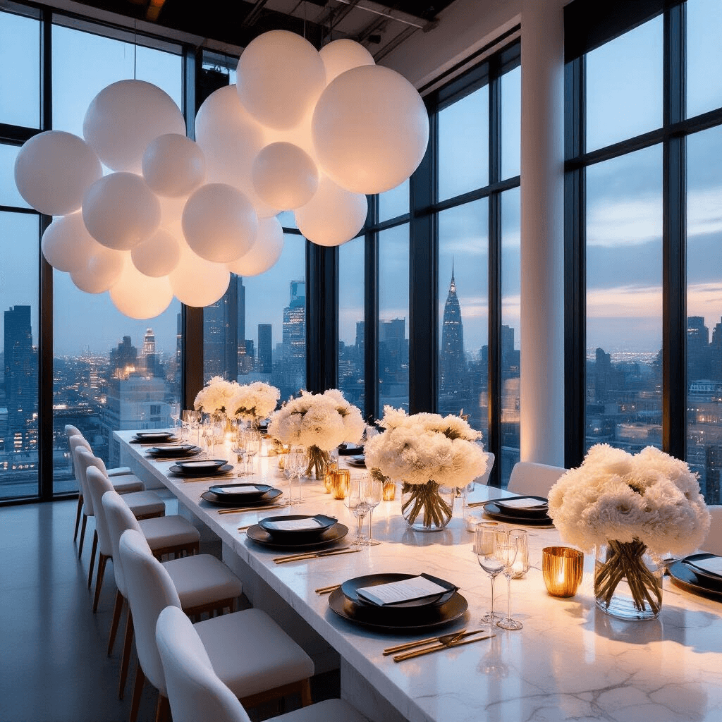 A modern city loft celebration featuring sleek white balloon sculptures, marble tables with matte black plates and gold-rimmed glassware, oversized white floral arrangements, and neon signage against a twilight skyline backdrop.