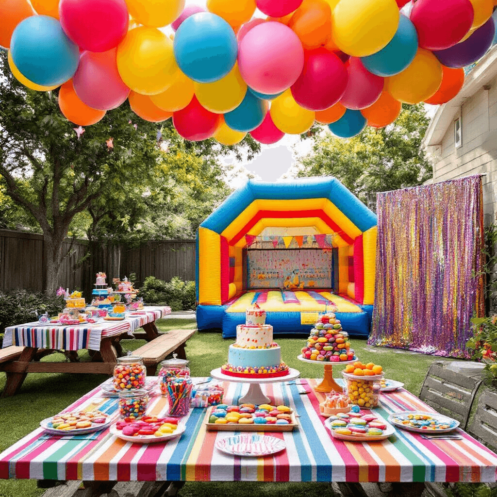 A vibrant backyard birthday party with colorful balloons overhead, picnic tables with striped linens, a bounce house, a DIY photo booth, and a dessert station featuring a tall cake and candy jars, all highlighting a festive, playful atmosphere.