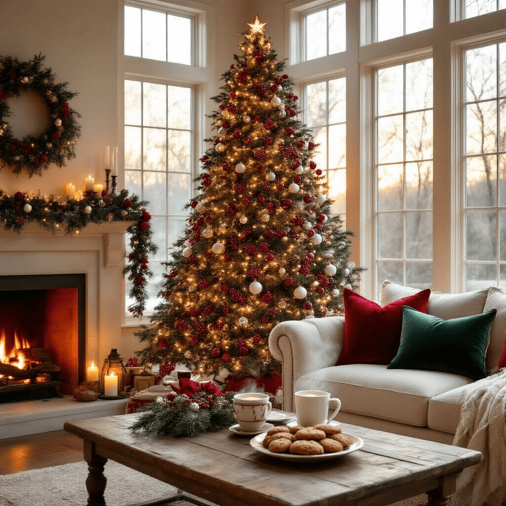 A warm and cozy living room featuring a large Christmas tree decorated with a cranberry and popcorn garland, twinkling lights, and silver ornaments, alongside a cream sofa with festive pillows, a wooden coffee table with hot cocoa and cookies, and a glowing fireplace.