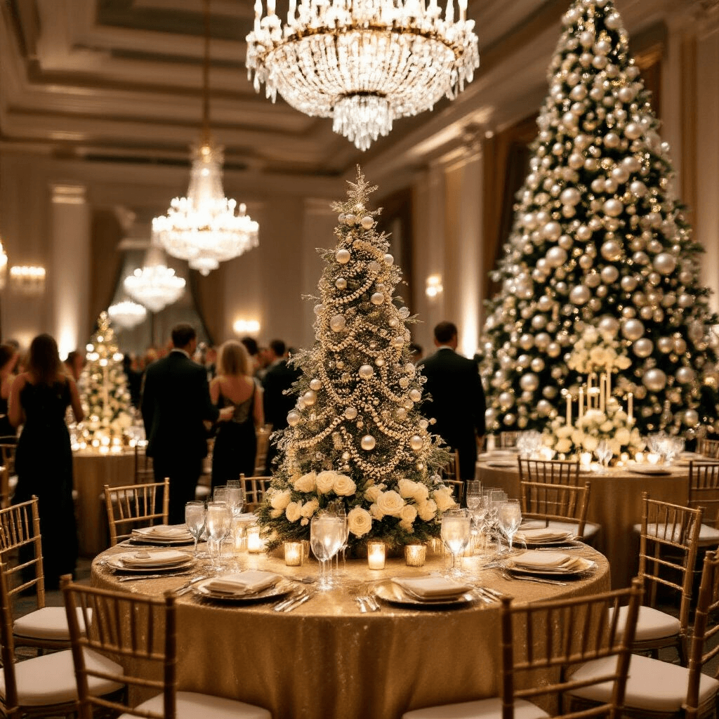An elegant ballroom set for a luxurious Christmas gala, featuring crystal chandeliers, round tables with gold linens, miniature Christmas tree centerpieces adorned with crystal garlands, taper candles, and white roses, alongside a grand 12-foot tree with oversized pearl and metallic ornament garlands, and guests in evening wear enjoying a champagne tower.