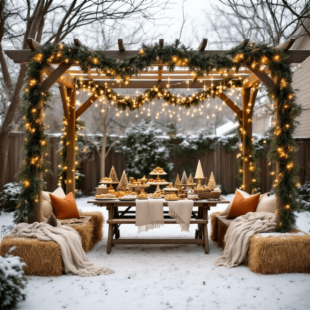 A picturesque winter wonderland featuring a snow-dusted backyard with fairy lights overhead, a rustic wooden pergola adorned with a natural garland, and a dessert table filled with Christmas treats, surrounded by burlap-wrapped bare trees and cozy blankets on hay bales.
