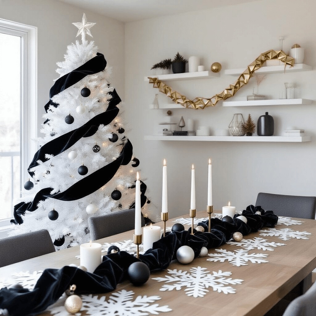 A modern apartment's chic holiday gathering featuring a sleek white Christmas tree with a black velvet ribbon garland and monochromatic black and silver ornaments, geometric brass garland on floating shelves, and a dining table adorned with a paper snowflake runner.