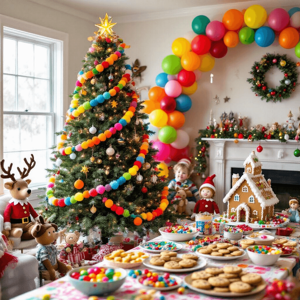 A vibrant children's Christmas party in a playroom featuring a decorated tree with rainbow garland, a craft table with supplies for making mini-garlands, a festive balloon arch, and a table of Christmas cookies and a gingerbread house, surrounded by playful stuffed reindeer and elves.