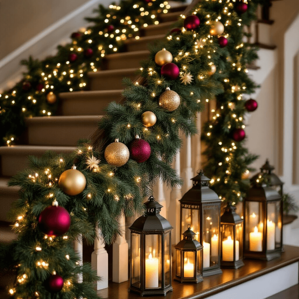A grand staircase decorated with a lush pine garland and warm white LED lights, featuring oversized gold and burgundy ornaments. Vintage lanterns with flickering candles illuminate the scene, captured from a low angle to highlight the staircase's elegance and garland's intricate details.