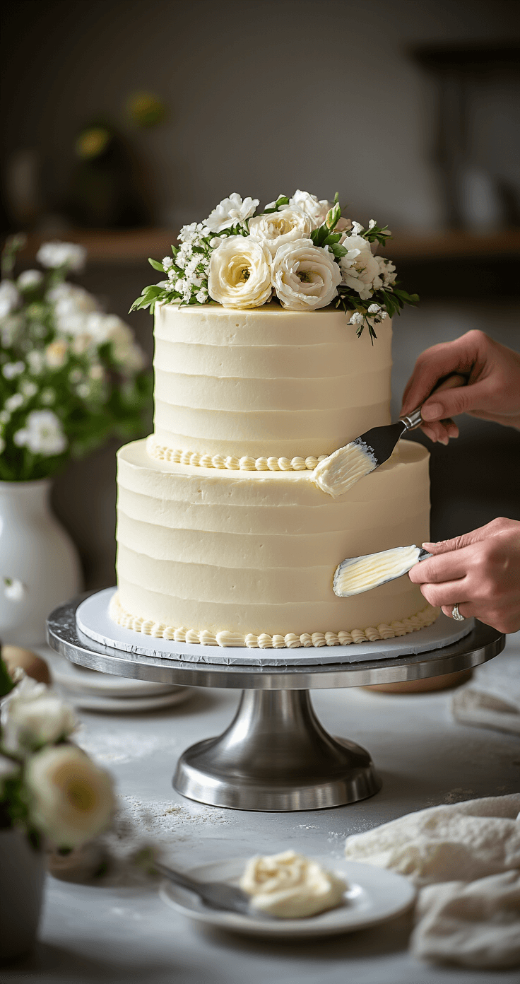 An elegant pastry kitchen scene featuring a three-tiered vegan wedding cake on a silver rotating stand, being frosted with ivory vegan buttercream by an expert baker. Decorative fresh flowers and cake tools are nearby, all in soft, diffused lighting.