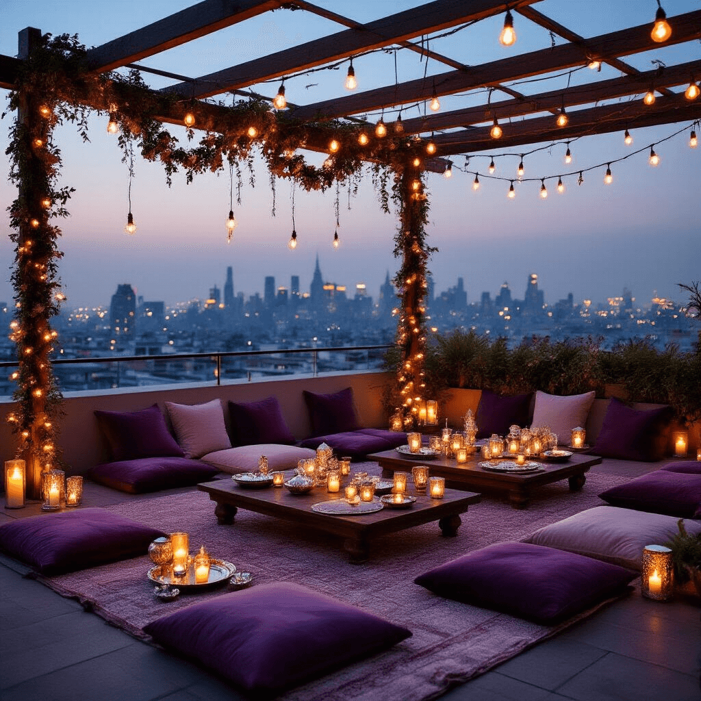 An intimate rooftop terrace at twilight, adorned with warm fairy lights, flickering candles, and plush velvet cushions, overlooking a twinkling city skyline, featuring lotus garlands and vintage silver trays with delicate desserts.