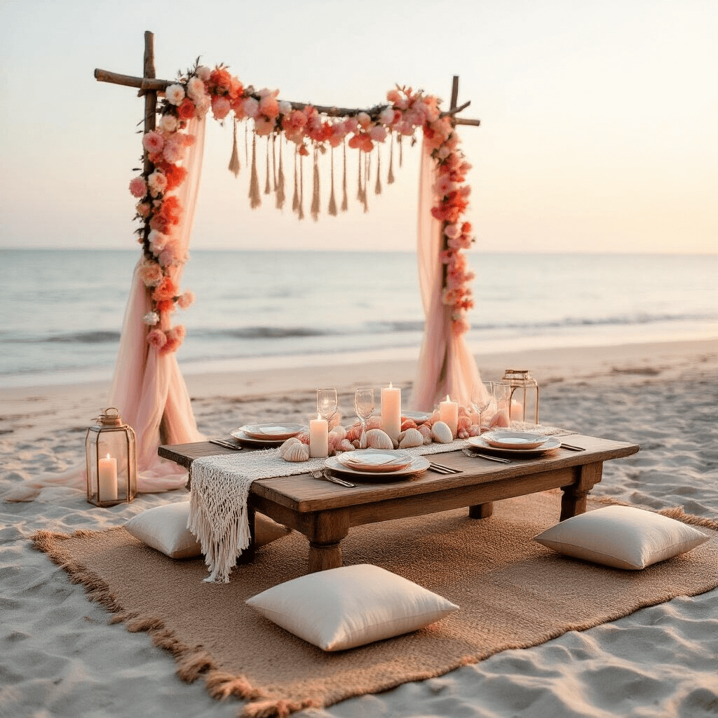 A serene beachfront setup at dawn featuring a low table with a macramé runner on a jute rug, adorned with lotus garlands in ombré shades, seashell-inspired place settings, and glass lanterns with candles, all against a dreamy pastel ocean backdrop.